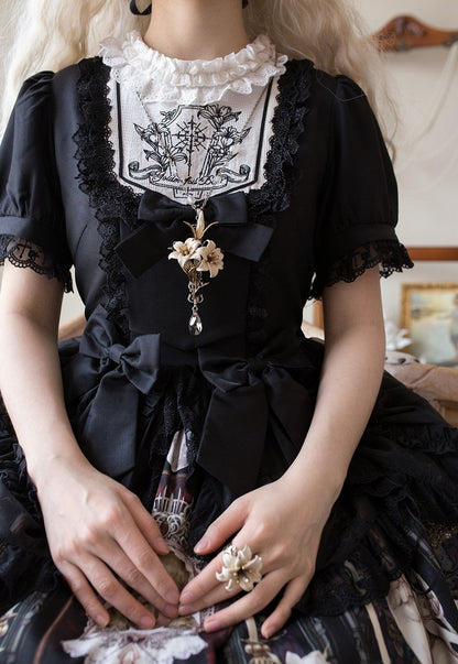 Lily and Puppet Doll Print Black Dark Gothic Lolita Short Sleeves Dress