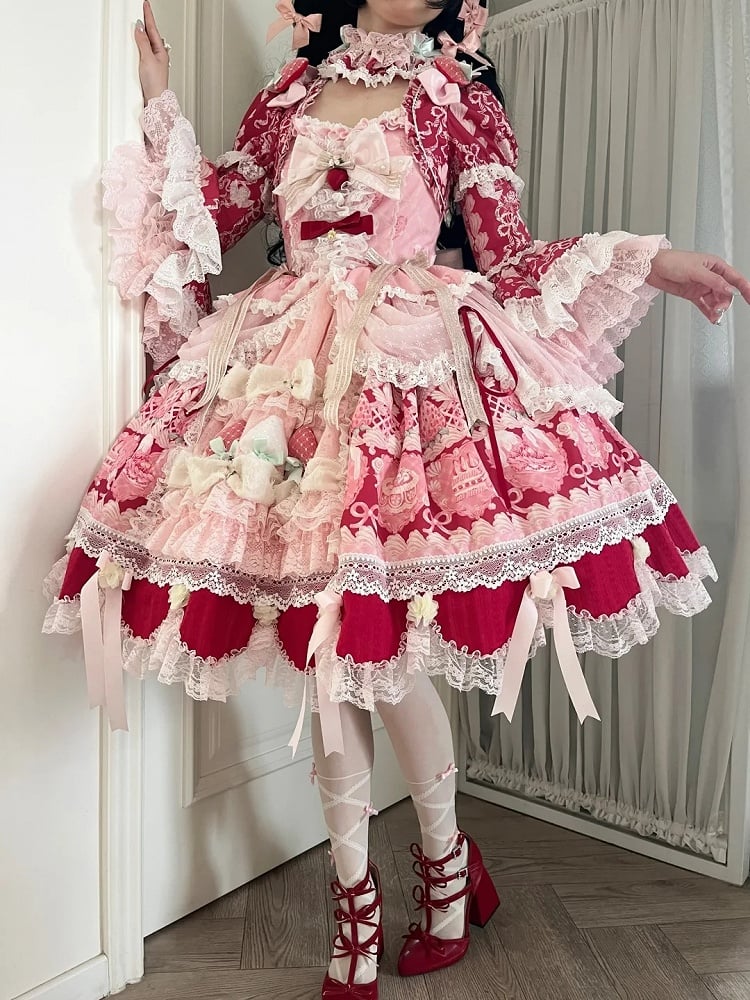 Red & Pink Strawberry Cake Print Bell Sleeve Lolita Dress - Ball Lolita