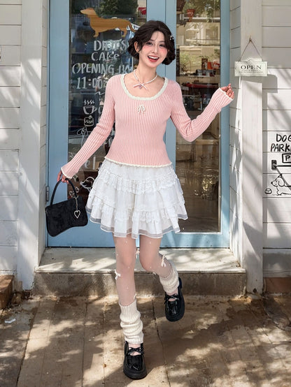 Rosa Strickoberteil mit Rundhalsausschnitt und schmaler Passform