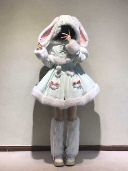 White Green Ears Mint Winter with Trimming Bunny Plush Hooded Cape