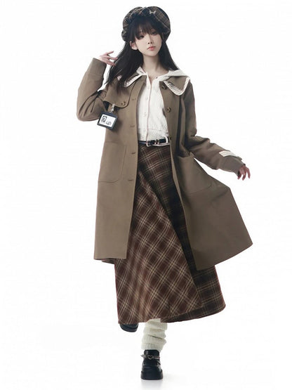 Fashion Brown Millard and Double with Waist Collar Coat Striped Long Sash