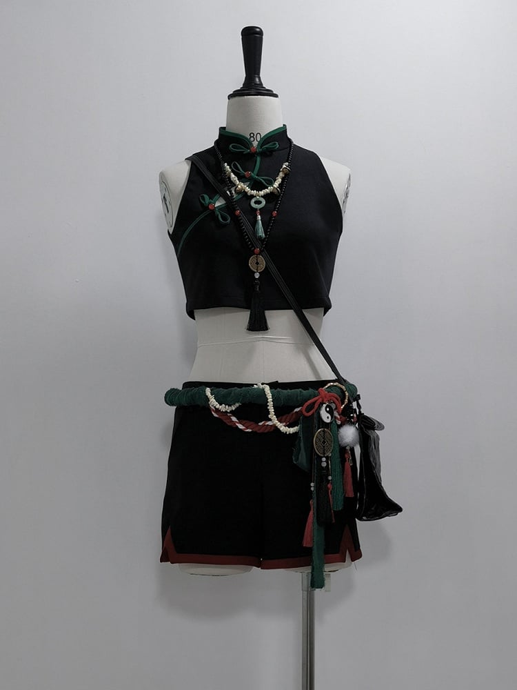 Cropped Top Collar Cheongsam Vest Black