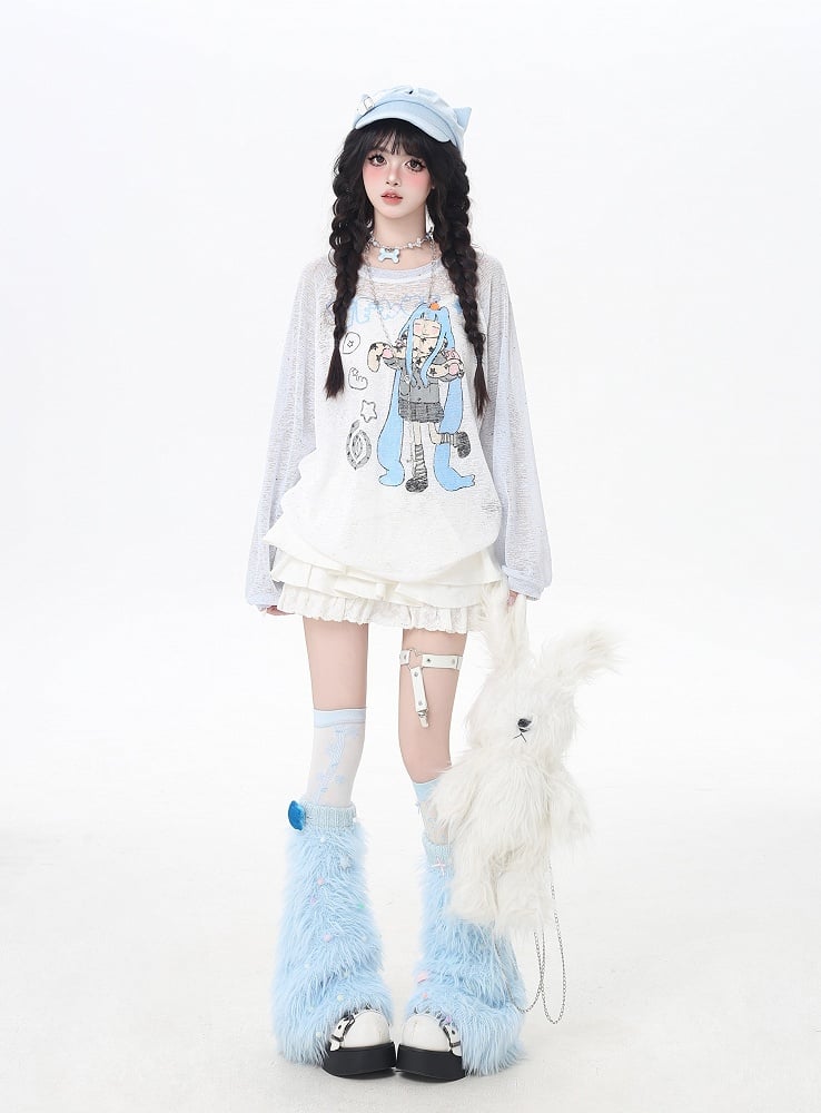 Coverup Colorblock Design Semi-sheer Cartoon Girl Print Black/Pink/Blue