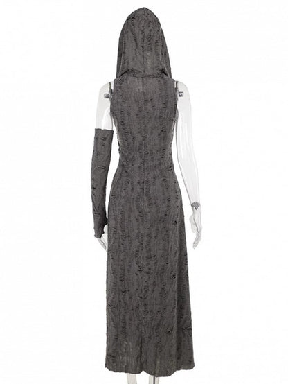 Hooded Gray Distressed Wasteland Sleeve Thigh-High Sleeveless with Hole Slit Dress Punk Arm
