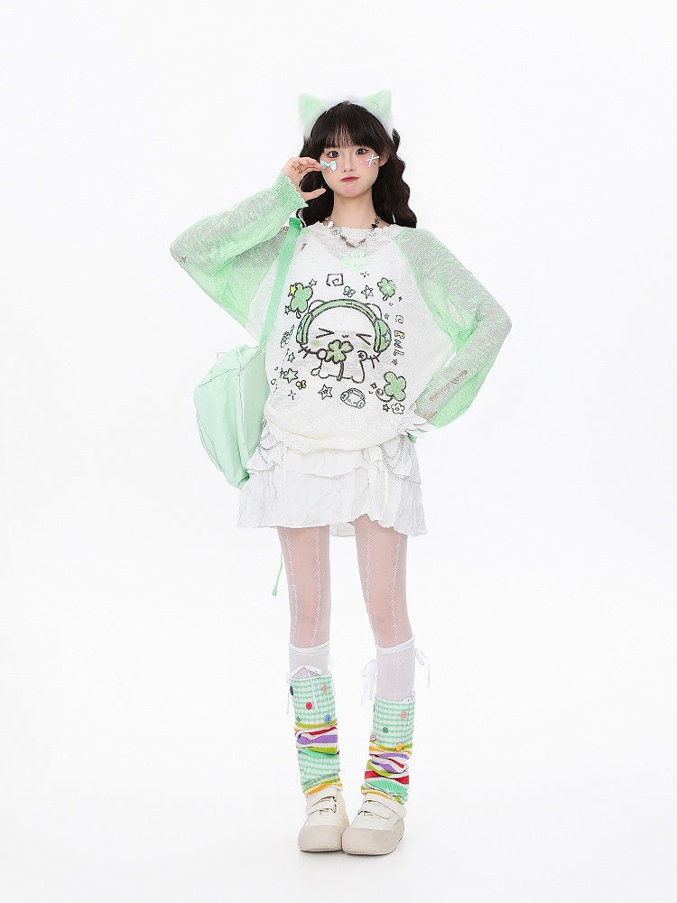 Knit Print with Distressed Semi-Sheer Kawaii Top Green Cat Holes and