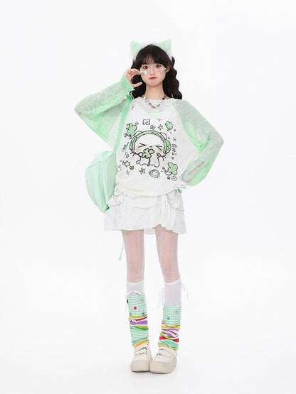 Knit Print with Distressed Semi-Sheer Kawaii Top Green Cat Holes and