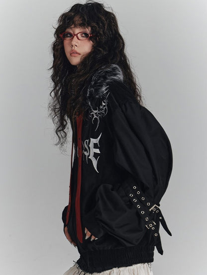 with Jacket Fall/Winter Streetwear Punk Collar Faux Y2K Fur Studded Red Straps Black