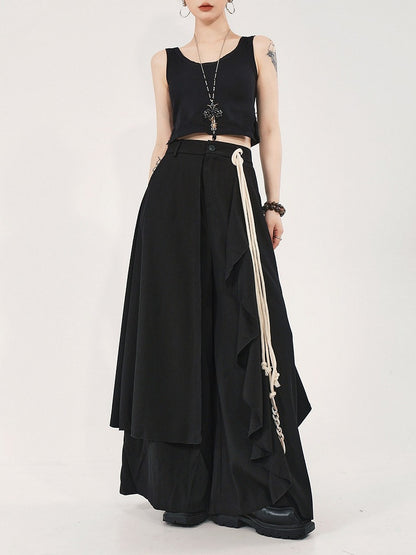 with Asymmetrical Skort Waistband Partial Design Black Elastic High-waisted