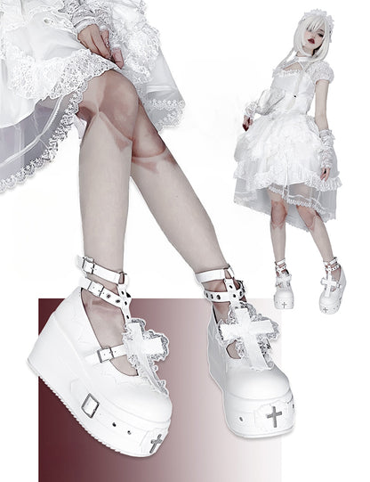 Matte White Gothic Lolita Lace Trim Cross Platform Shoes