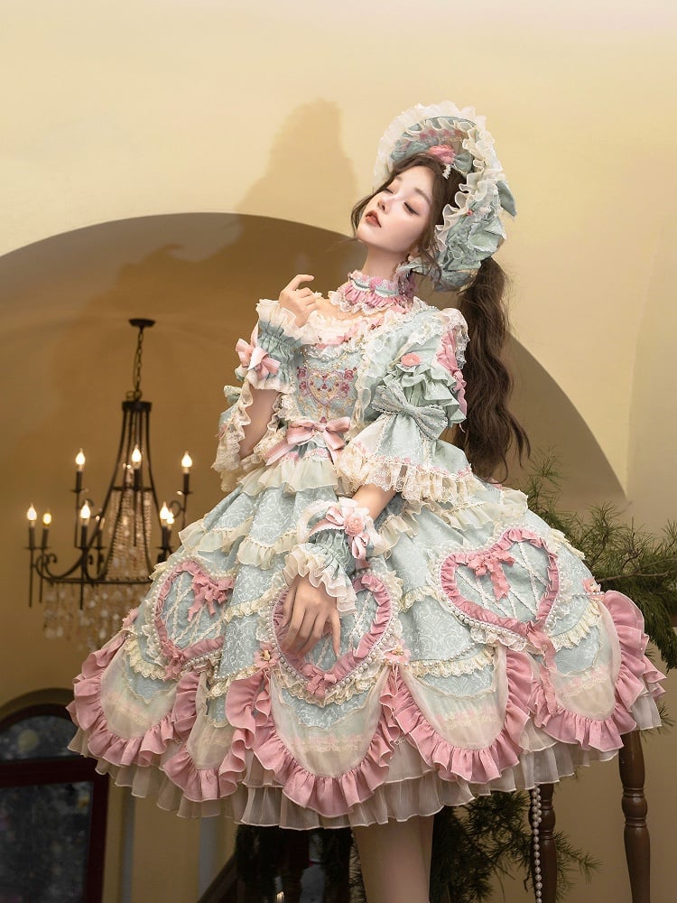 Wunderschönes Hanayome Lolita-Kleid mit Rosettenstickerei und Perlenkettendetails in Mintgrün