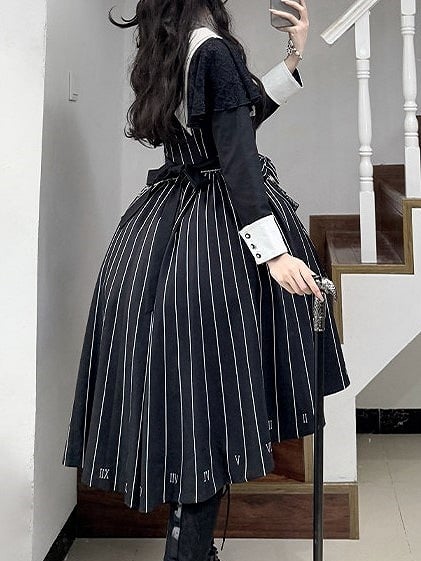 Chain+Pocket Chain+Detachable Collar Watch Embroidery+Waist Cross White Set Full Dress Striped with Nun Lolita Belt+Waist Black