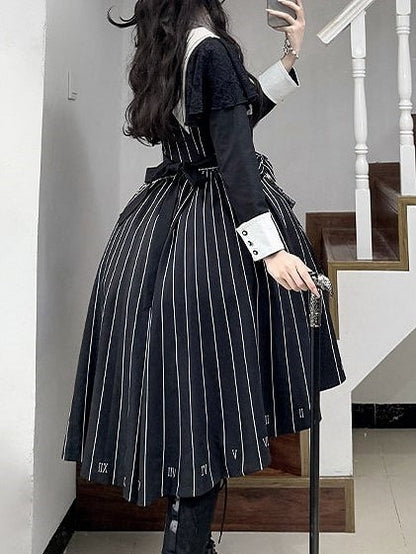 Chain+Pocket Chain+Detachable Collar Watch Embroidery+Waist Cross White Set Full Dress Striped with Nun Lolita Belt+Waist Black