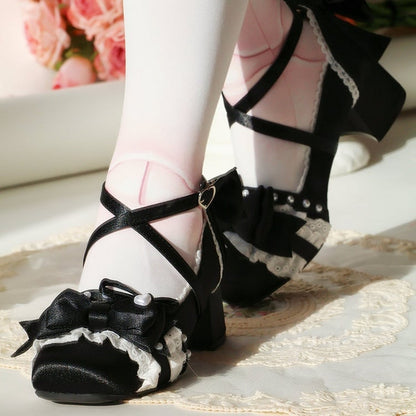 Design - Mary Black Square-toe Satin Classic Mid-heel Janes Lolita