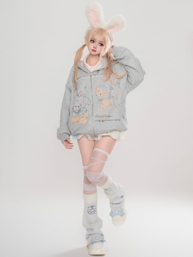 Grau/Weißer Frühlings-Kapuzenpullover mit Cartoon-Tiermuster