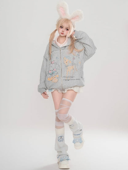 Grau/Weißer Frühlings-Kapuzenpullover mit Cartoon-Tiermuster