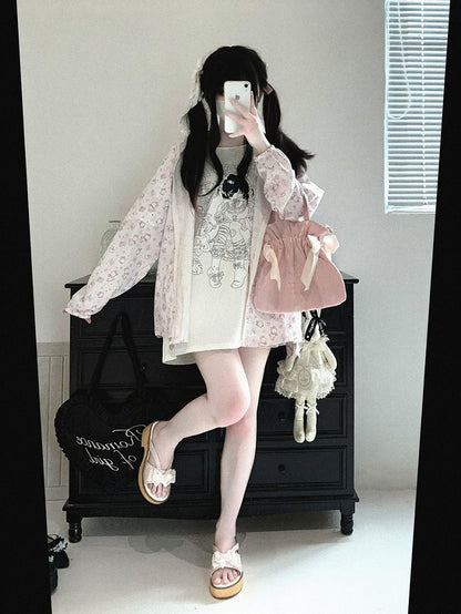 Bunny Print Hooded UV Protection Jacket, Pink & White, Ryousangata - Kitty Bxllet