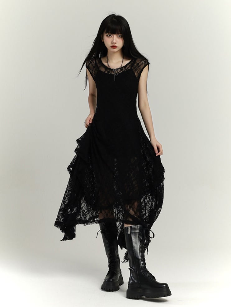 Gothic Schwarzes Rundhals-Spitzenkleid mit Taschentuchsaum