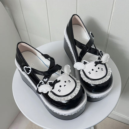 Black Round Toe Kitty  Angel Heart Buckle Platform Lolita Shoes