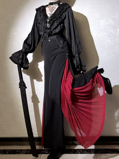 Wide-leg Ouji Pants Red Fashion Panel Black 110cm Pleated ( Extended ) High With Length Waist Chiffon
