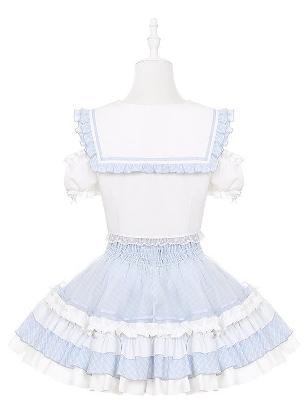 Azure Sailor Collar Blouse with Ruffled Cutout Sleeves - Puppet Bombs