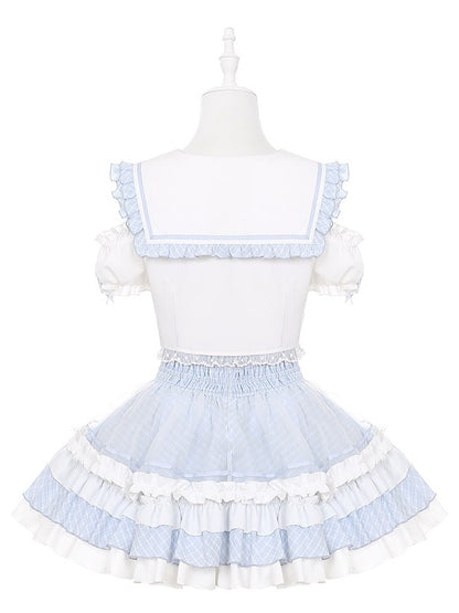 Azure Sailor Collar Blouse with Ruffled Cutout Sleeves - Puppet Bombs