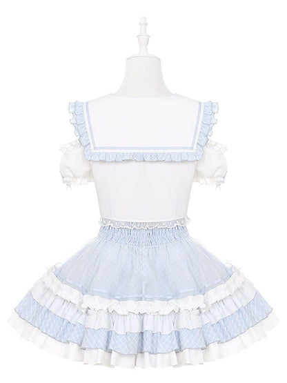Sky Blue Tiered Ruffle Skirt with Heart Apron - Puppet Bombs