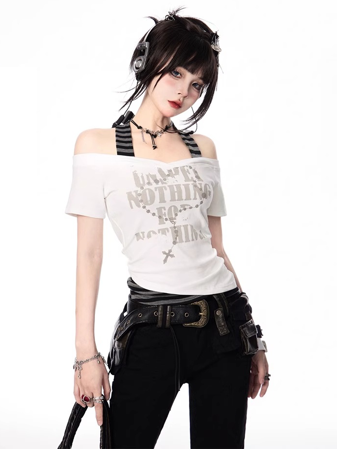 und Y2K Kreuz Halskette Print Weiß Grau Gestreiftes Neckholder T-Shirt