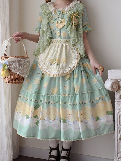 Summer and Print Spring for Chick Dress Green Lolita Short Sleeves Lemon