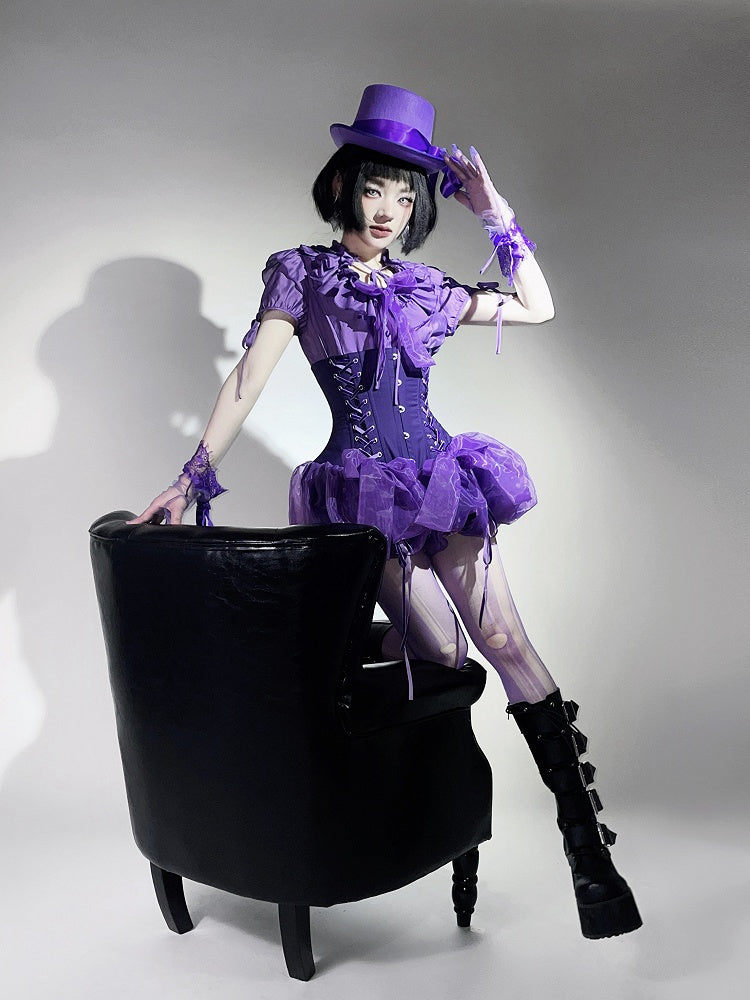 Gothic Lolita Ruffles Waist Purple Neckline with Elastic Layered Smocked Blouse