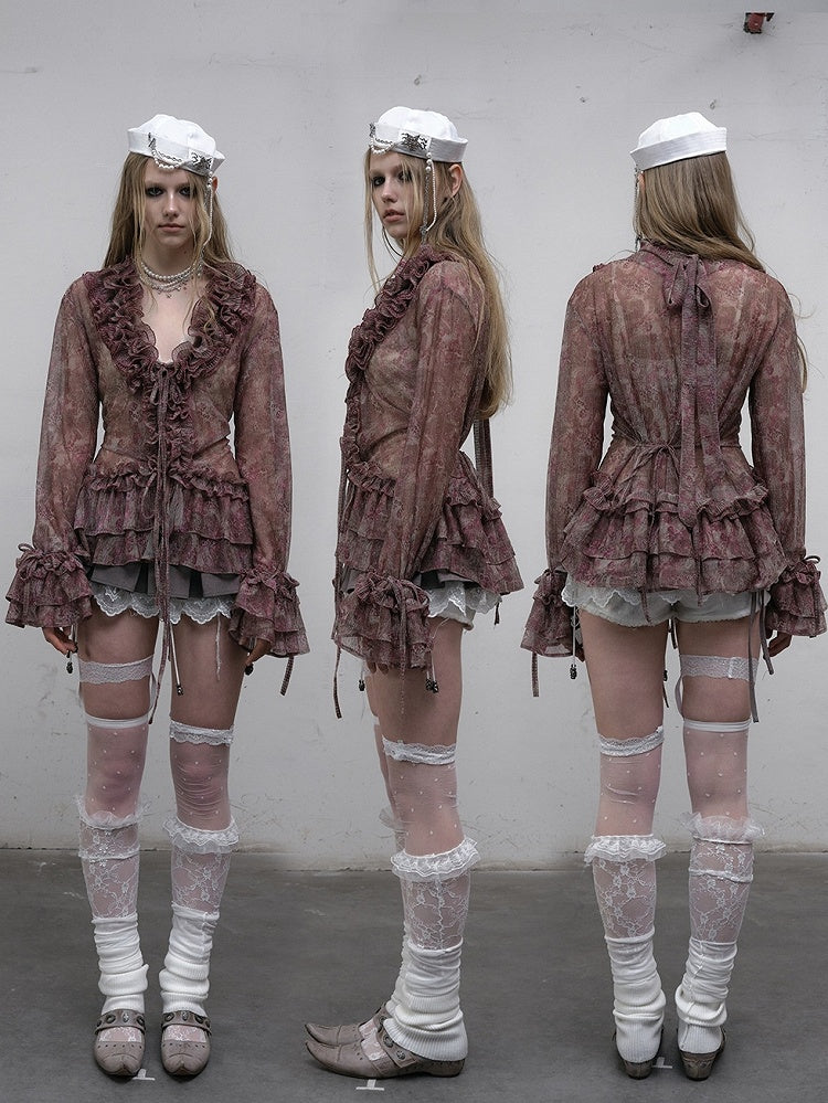 Muster Rüschen Leopard Trim Ärmel Glocke Shirt Lila
