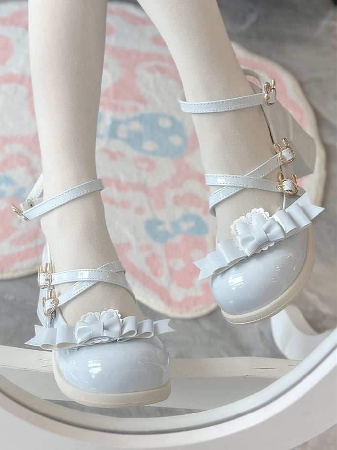 Detachable Bunny Snap Mary Design with Sweet PU Blue Crisscross Janes Bow - Lolita Themed