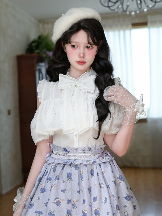 リボンホワイトオープンショルダービッグネックラインシフォンブラウス