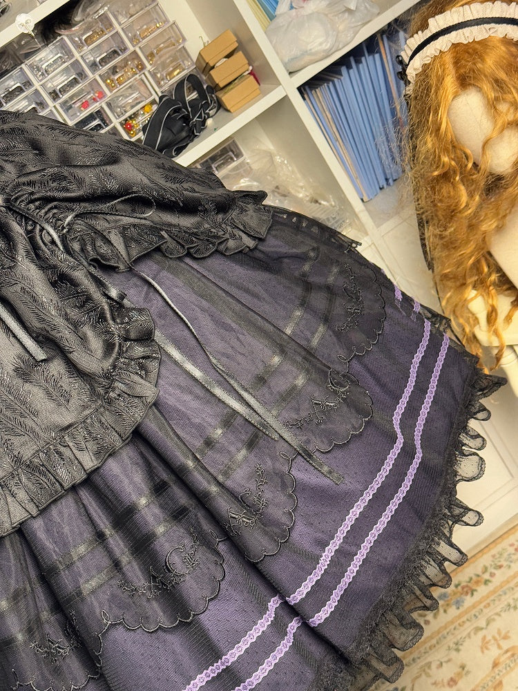 Schwarz-lila Jacquard-Rock mit Kordelzug und quadratischem Ausschnitt, klassisches Lolita-Kleid