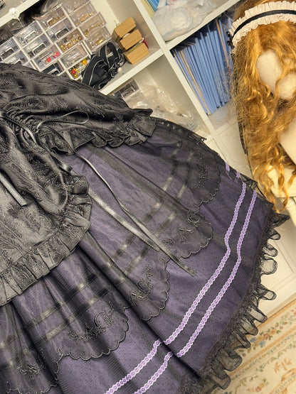 Schwarz-lila Jacquard-Rock mit Kordelzug und quadratischem Ausschnitt, klassisches Lolita-Kleid