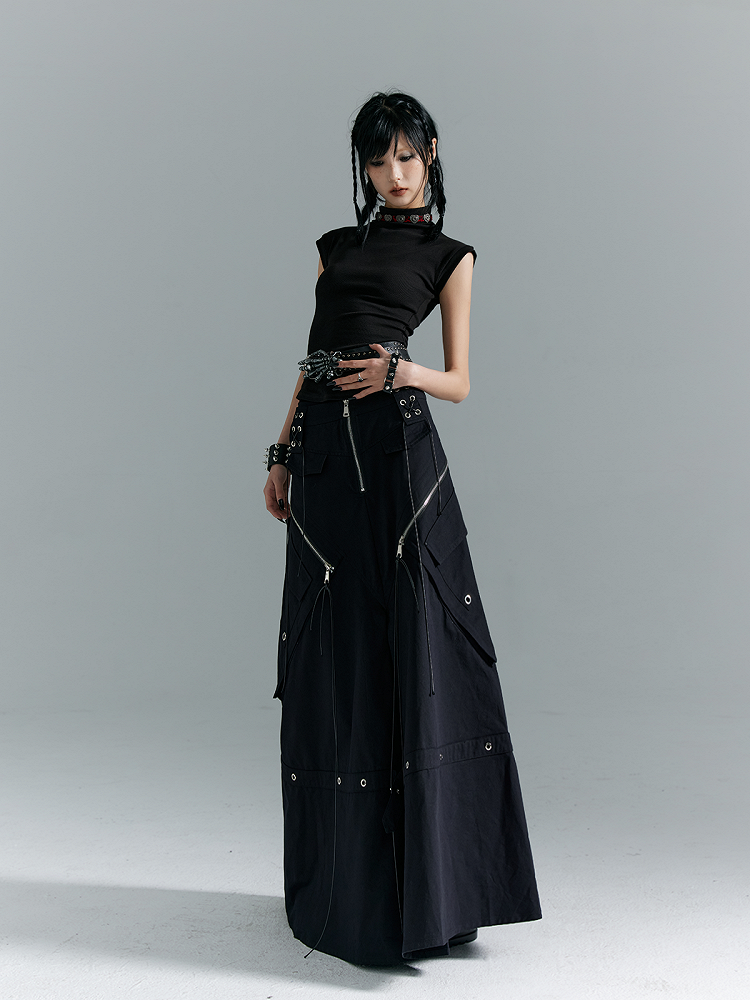 Schwarz A-Linie mit Schnallen Punk Taschen Metall Rock Reißverschluss