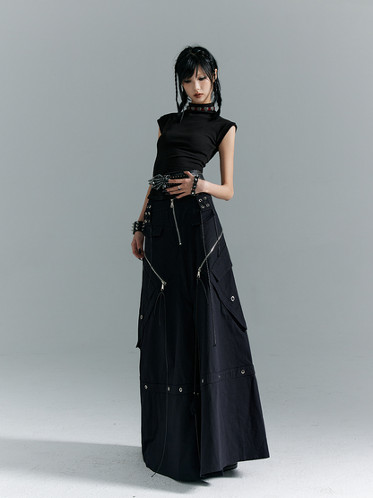 Schwarz A-Linie mit Schnallen Punk Taschen Metall Rock Reißverschluss