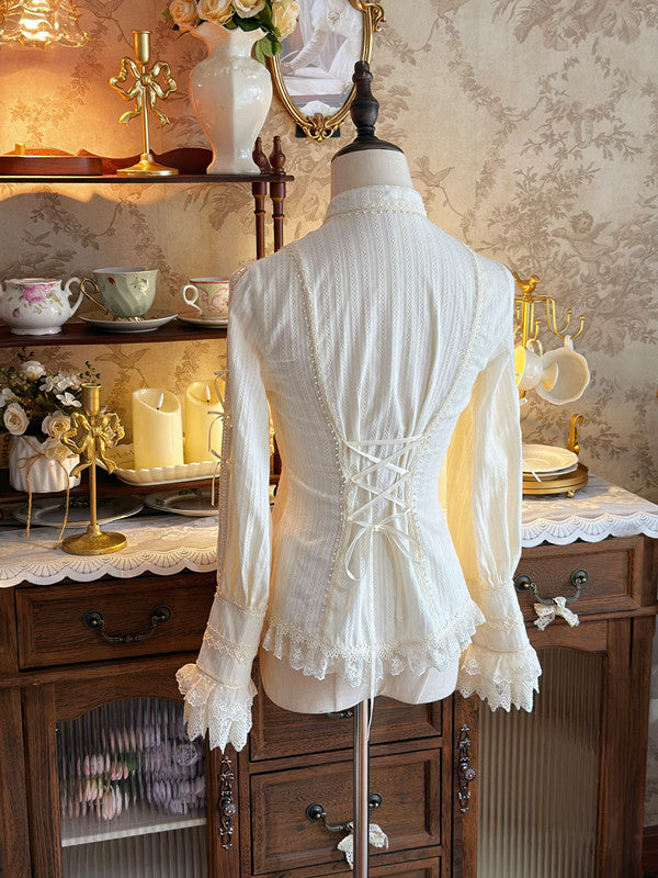 Sleeevs with Pleating Stand and Collar Lace Trim Blouse Beige Details Long