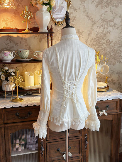 Sleeevs with Pleating Stand and Collar Lace Trim Blouse Beige Details Long