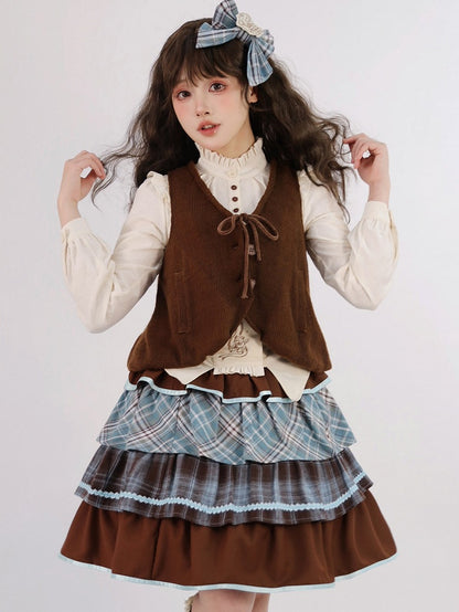 Beige with Lolita Ruffle Sweet Embroidery Bear Blouse Neckline