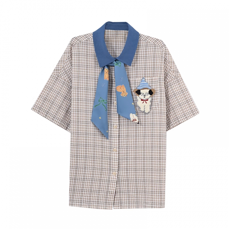 Adorable Puppy Embroidery Plaid Shirt with Tie Light Brown