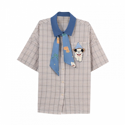 Adorable Puppy Embroidery Plaid Shirt with Tie Light Brown