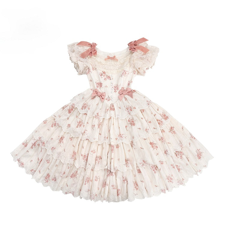 Classic Dresswith Elegant Floral PinkBeige Lolita Print Lace Tiered Bow Accents Ruffle