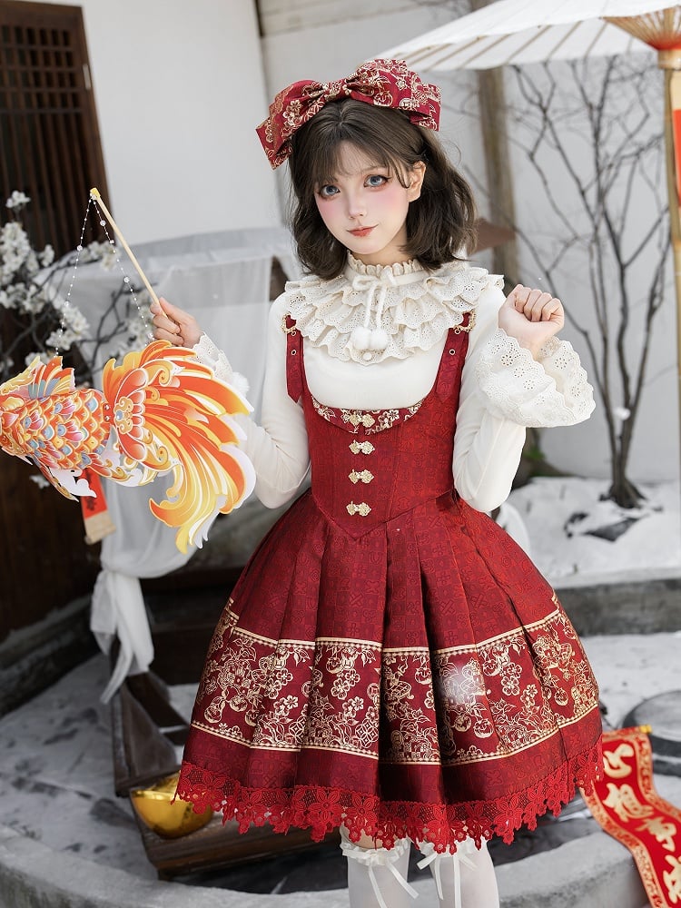 Dress Chinoiserie Waist Short Lolita New Bust Under Version Red Boned Gold Year