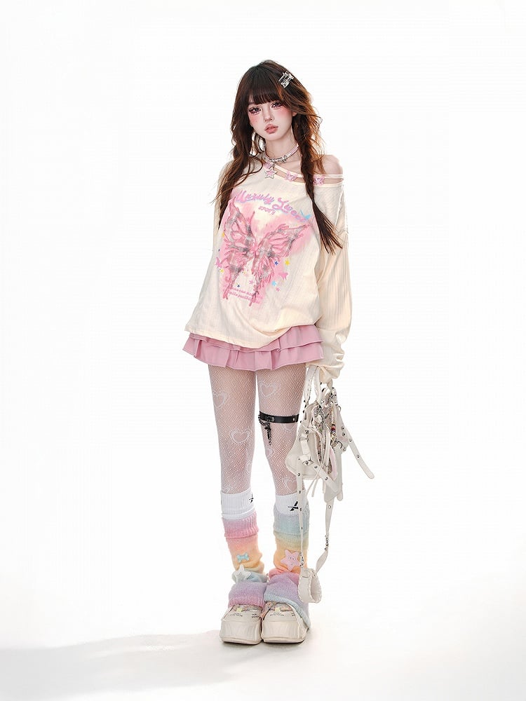 Pink/Apricot Asymmetrical Neckline Butterfly Loose Graphic Top