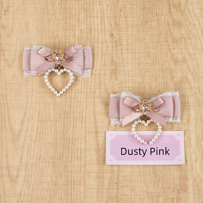 Red Pink/Wine Bow with Heart Rhinestone Angel-Inspired Jirai Lace Kei Hairclips Charms Black/Dusty