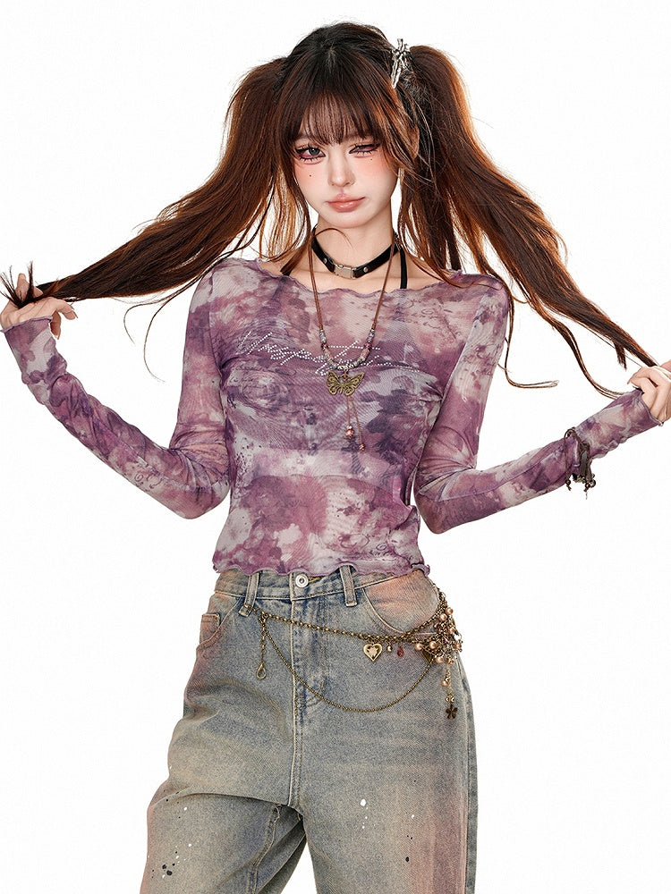 Purple/Brown Printed Mesh Top with Halter Neck Cami Top Set