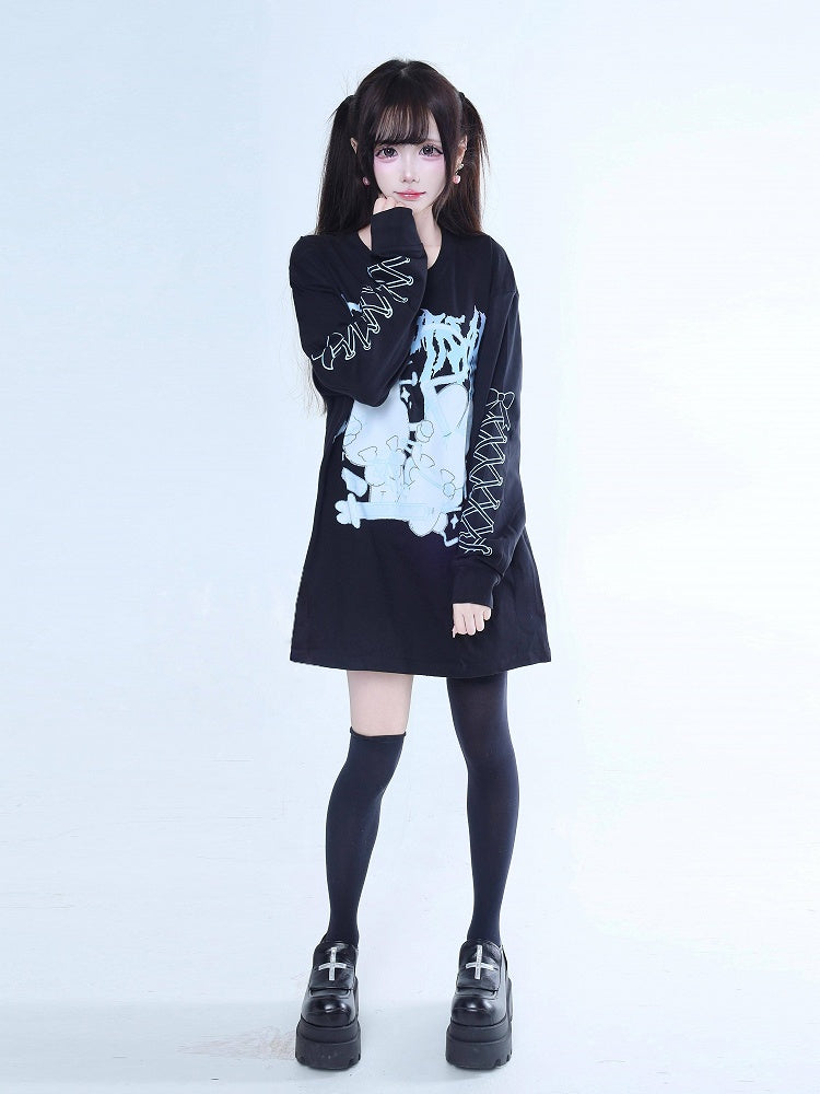 Bunny Black Jirai Kei Lace-Up with T-Shirt Print Long-Sleeve