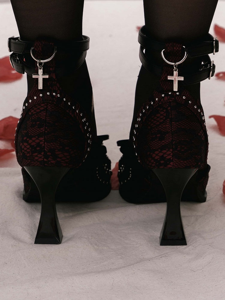 Studded Details Pointed - Cross Lacing Toe High Heels Accents with Gothic Red