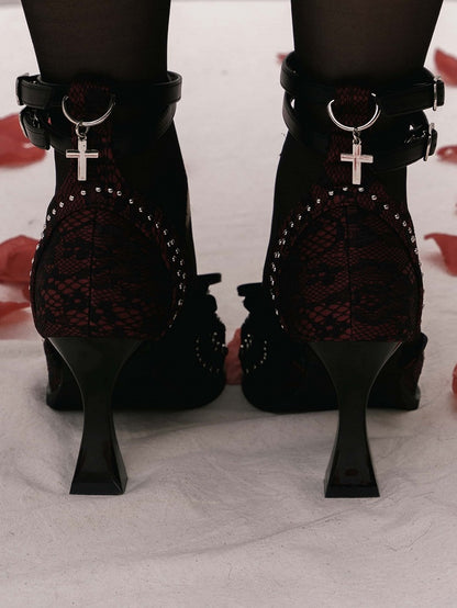 Studded Details Pointed - Cross Lacing Toe High Heels Accents with Gothic Red