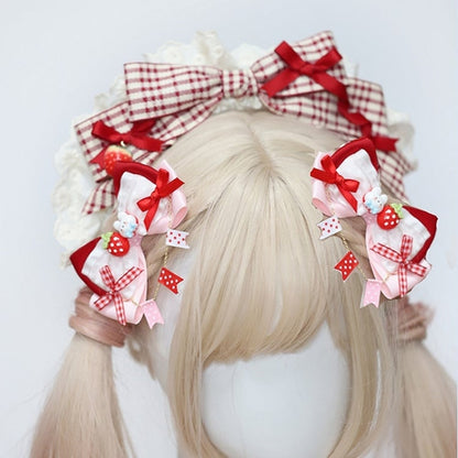 Bow with KC Charm Strawberry Red Plaided Lace White and Trim